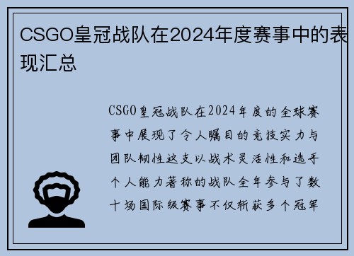 CSGO皇冠战队在2024年度赛事中的表现汇总